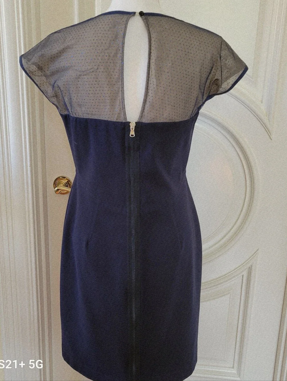 Sportmax Navy Mini Dress with Sheer Dotted Yoke - Picture 2 of 6